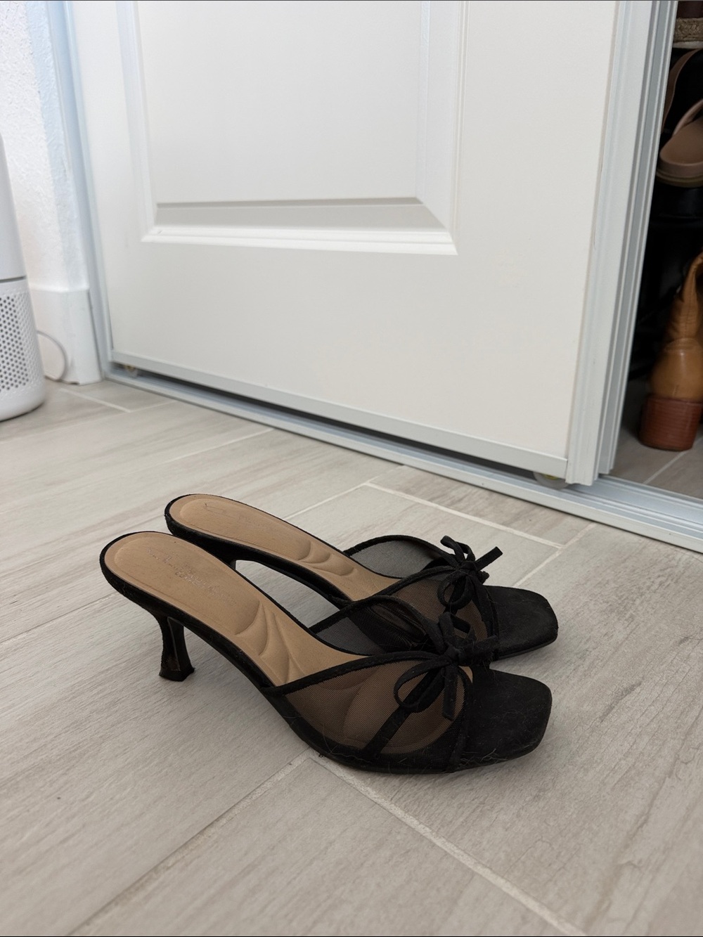 Chinese Laundry Black Sheer Bow Kitten Heel Mules